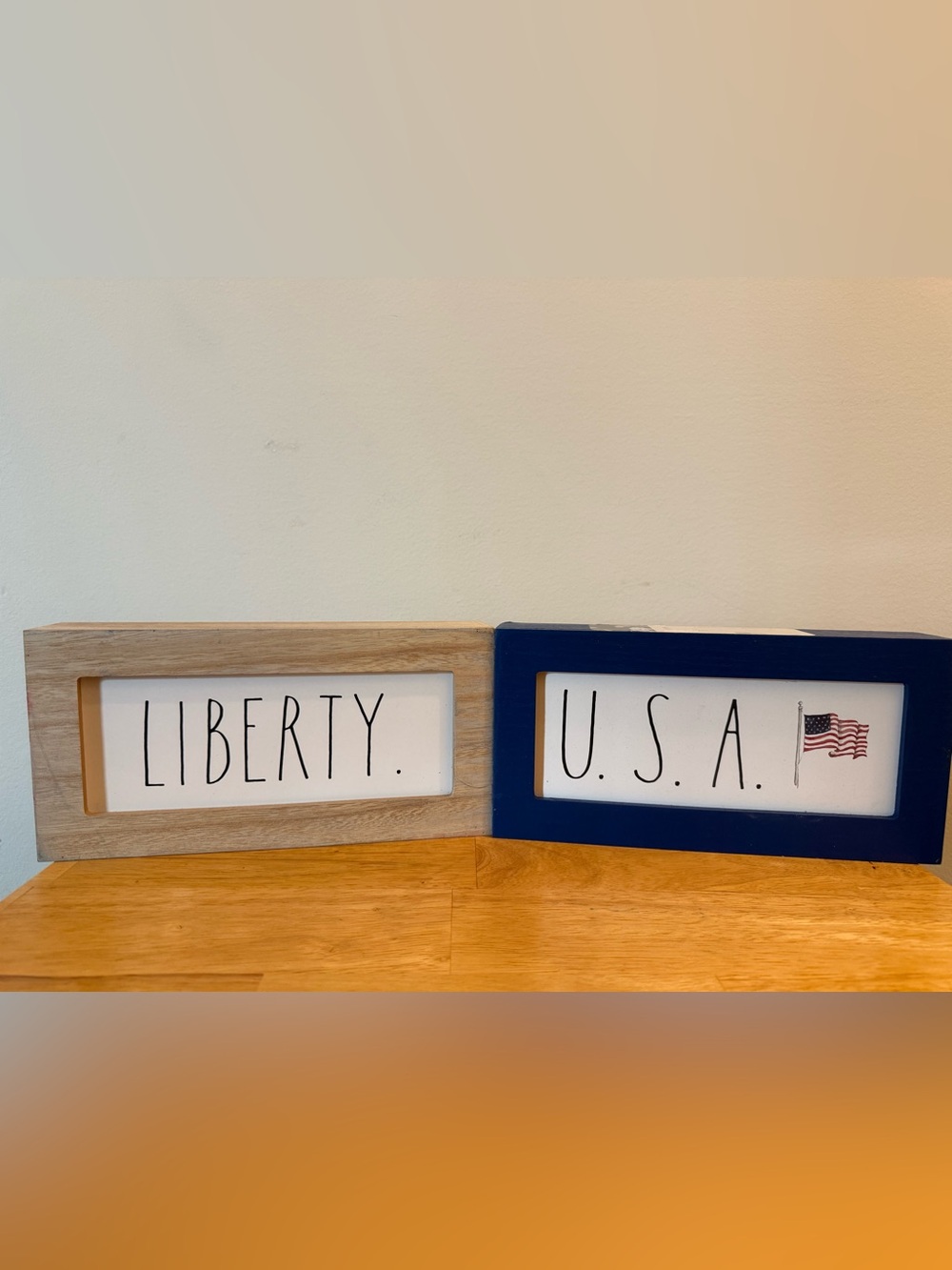 Rae Dunn Paired Liberty & U.S.A. Signs - Natural Wood & Blue